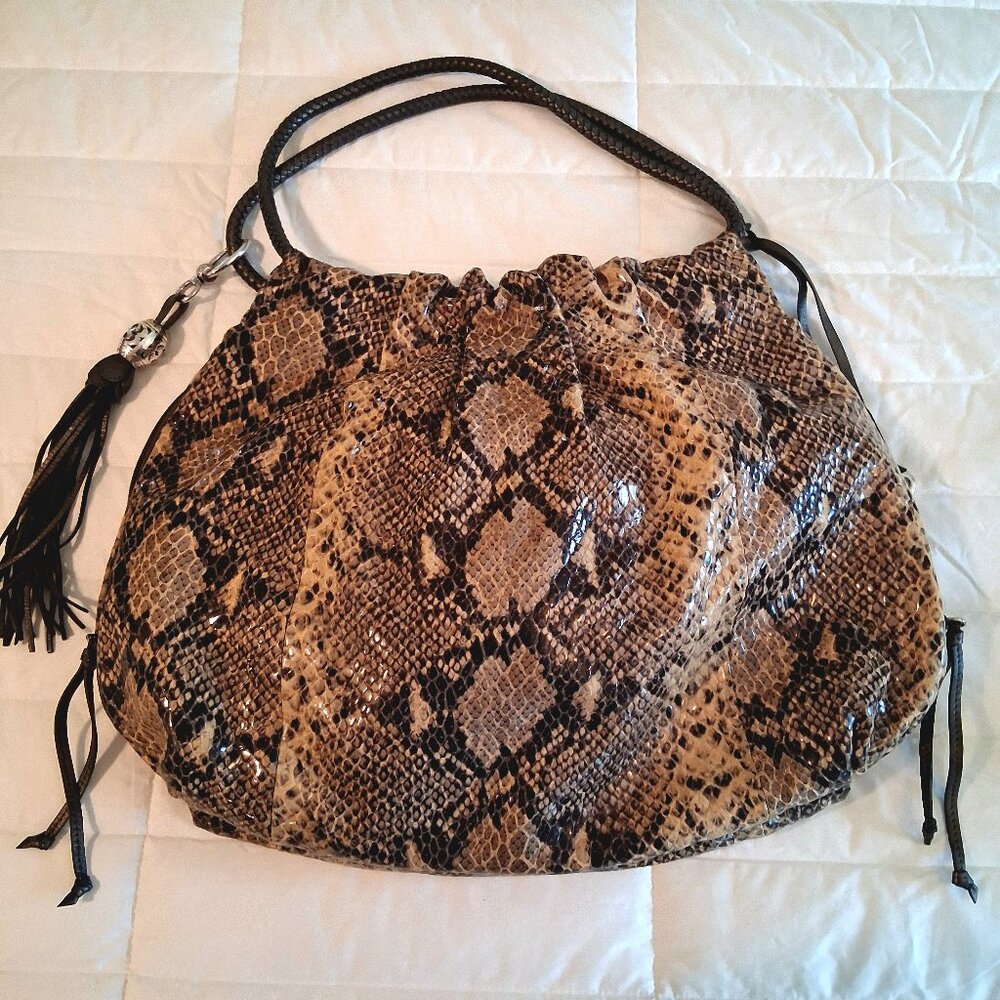 Brighton Nolita Large Snake‑Embossed Leather Slouch Hobo Bag